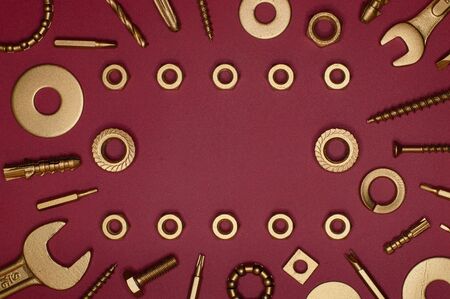 Template of golden tools on red background for industry projects or mechanics topics.