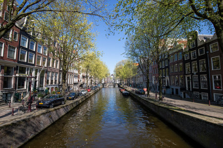 View of the canal in Amsterdam from the bridgeの写真素材