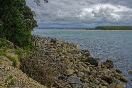 Tauranga, New Zealand - January 15, 2018:  Rock formations in Bay of Plenty. Mount Maunganui is also the name of the large lava dome which was formed by the upwelling of rhyolite lava about two to three million years ago. It is officially known by its MÄのeditorial素材