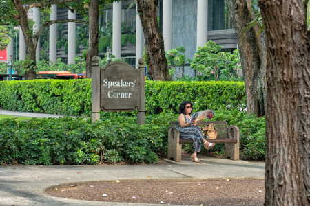 Speakers' Corner is an area located within Hong Lim Park, Singapore, where citizens and permanent residents of Singapore may demonstrate, hold exhibitions and performances, and speak freely on most topics after prior registration on a government website. のeditorial素材