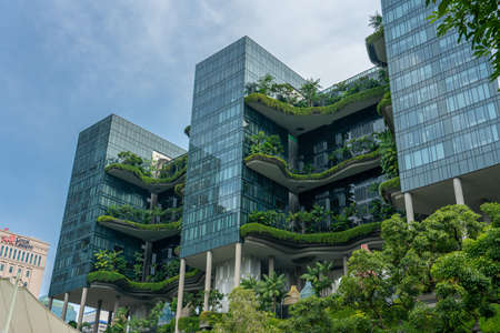 Singapore, Singapore - June 10, 2018: View of the gardens with blue window facadeのeditorial素材