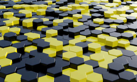 3D illustration  yellow and black geometric hexagonal abstract background. Pattern for texture of wallpapers. Background light honeycomb of different height.の写真素材