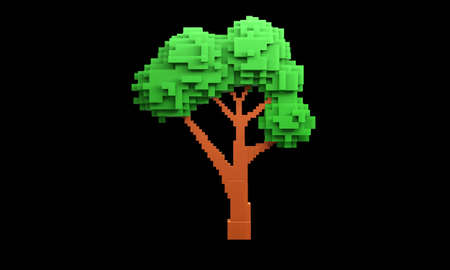 3D illustration. Tree 8 bit. Isolated black background. 3d game cartoon tree.Pixel art game background with trees.の写真素材