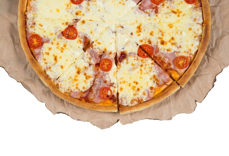 Slices of pizza on paper on a white background isolatedの写真素材