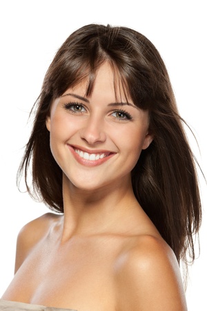 Closeup portrait of beautiful female, isolated on white backgroundの写真素材