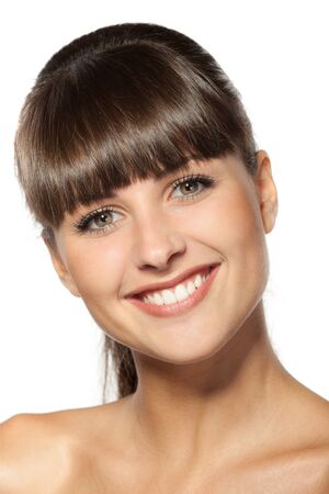 Closeup portrait of beautiful female, isolated on white backgroundの写真素材