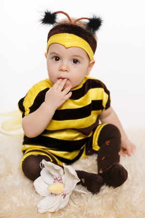 Baby wearing bee costume sitting on the floor, with finger in the mouth, on white backgroundの写真素材