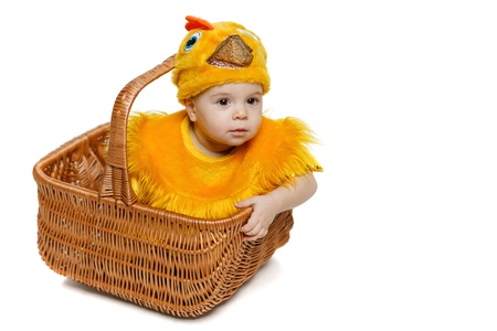 Baby sitting in Easter basket in chicken costume, isolated on white background, with copy space  Easter holiday concept の写真素材