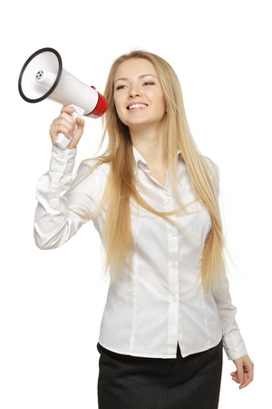 Young business woman with megaphone, over white backgroundの写真素材