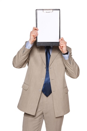 Executive holding up card to cover his face displaying the message, against white backgroundの写真素材