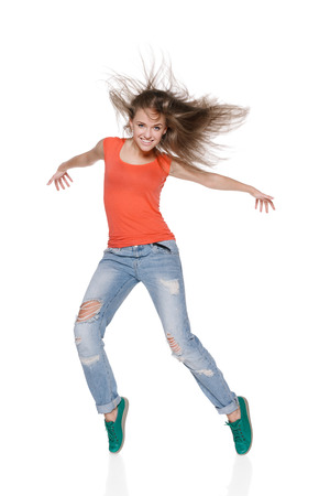 Woman hip hop dancer over white の写真素材