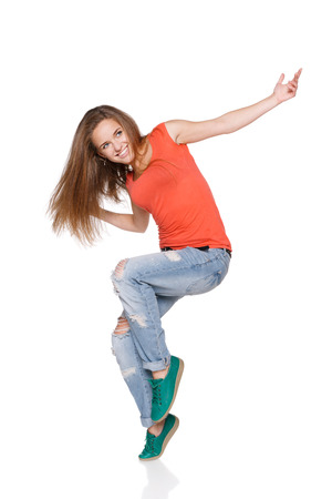 Woman hip hop dancer over white の写真素材