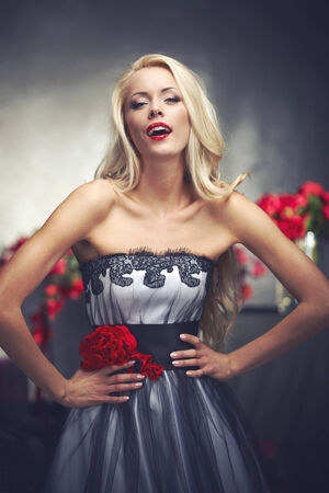 Beautiful blond model posingの写真素材