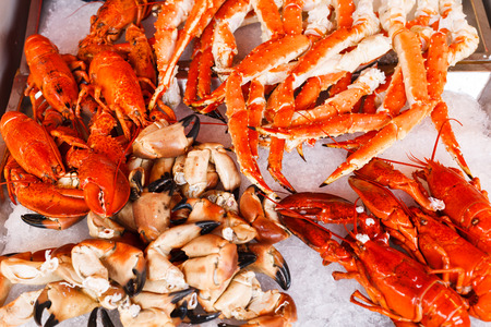 Closeup of lobsters, crabs and king crabs in Bergen fish market, Norwayの写真素材