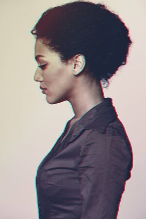 Profile portrait of beautiful mixed race African ethnicity - Caucasian woman looking forward, 3d anaglyph effectの写真素材