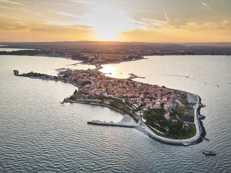 Top view aerial of old Nessebar, ancient city on the Black Sea coast of Bulgariaの写真素材