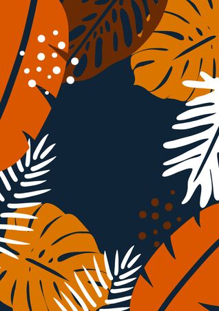 Frame made of tropical leaves on blue background, posterの写真素材