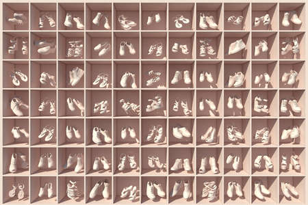 3D render of a shelf full of shoes levitating in cells, monocolor pink, front viewの写真素材