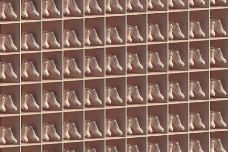 3D render of a shelf full of same type of shoes levitating in cells, monocolor pinkの写真素材