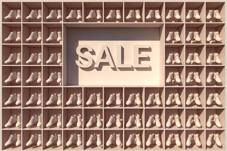 3D render of a shelf full of shoes levitating in cells, monocolor pink, front view, with a sale text in centerの写真素材