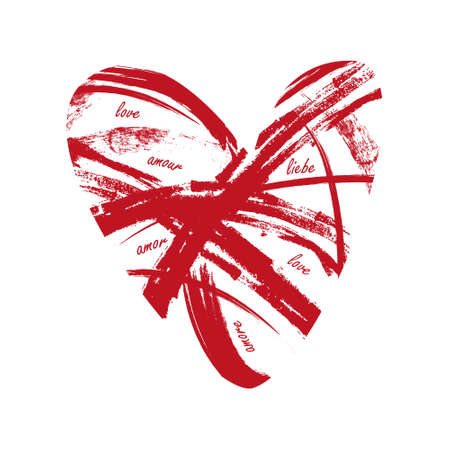 Heart shape filled of grunge stroke brush strokes and words love in different languages, vector illustrationのイラスト素材