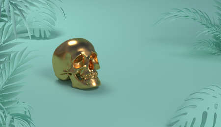 Golden skull with mint colored monstera leaves set, 3D rendering