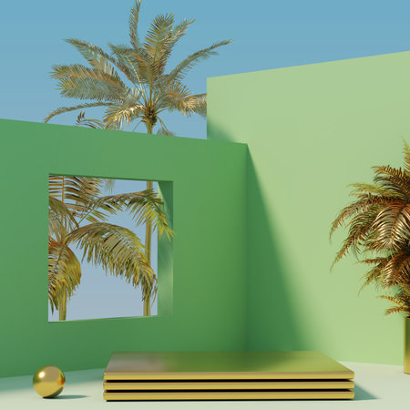 Golden square product podium in room with green walls and windowの写真素材