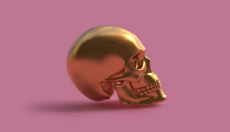 Profile of golden 3D rendering skull over pink backgroundの写真素材
