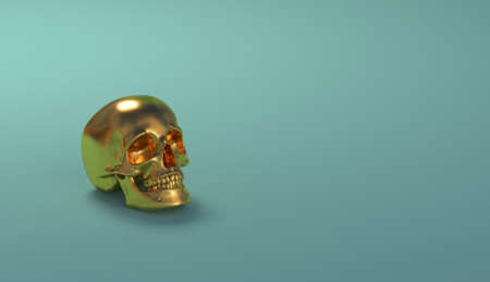Metallic golden 3D rendering skull over teal pastel backgroundの写真素材