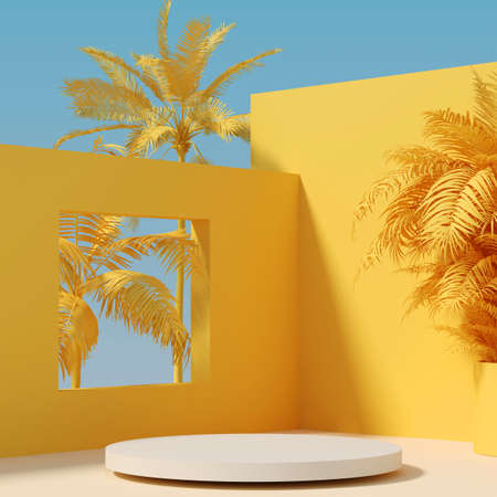 Bright yellow product podium, design for cosmetics or product standの写真素材