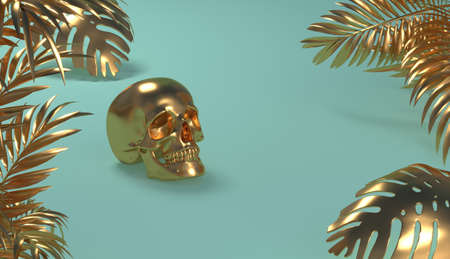 Golden skull with gold colored monstera leaves set, 3D renderingの写真素材
