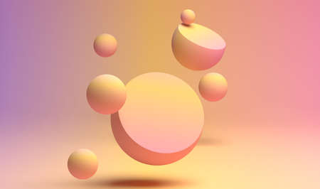 3D rendering of pastel color flying spheres with flat plane for text ot product advertisingの写真素材