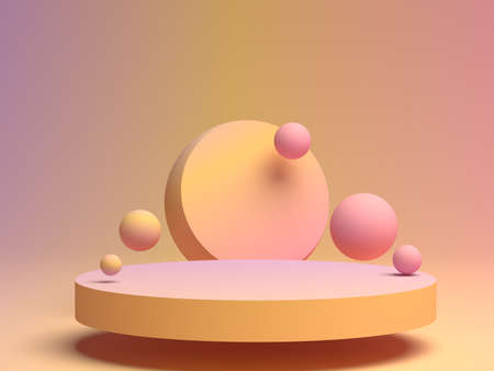 3D rendering of flying spheres with flat pedestal for product advertisingの写真素材