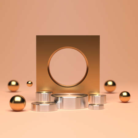 3D rendering of abstract minimal scene with geometrical metal forms for product advertising, design for cosmetics or five product stands. Very shallow depth of fieldの写真素材