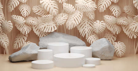 Pastel color beige seven product podium, design for cosmetics or product stand