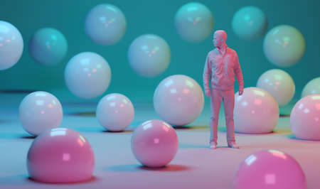 3D rendering of a man stnading between flying spheresの写真素材