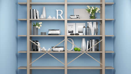 3d illustration of shelves in the interior with various objects ob light wall. Background for bloggersの写真素材