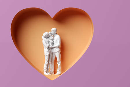 3D rendering. Family love concept. Young family holding a child in hands standing in heart shapeの写真素材