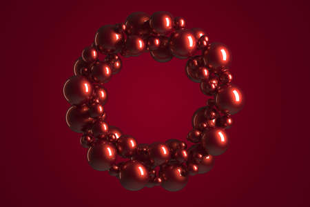 3D rendering. Simple red glossy ornament ball wreath. Festive Christmas background. Holiday banner. Design banner, cover, wallpaper.の写真素材