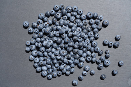 Food background. Ripe blueberries scattered on slate plate .の写真素材