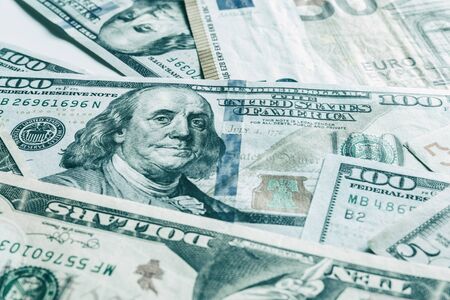 International currencies background. Money from different countries: dollars, euros. euro and dollar banknotes. money background. leading currencies. Selective focus. Close-up.の写真素材