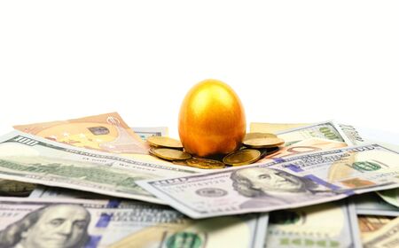 A gold egg lying on dollars and coins isolated on whiteの写真素材