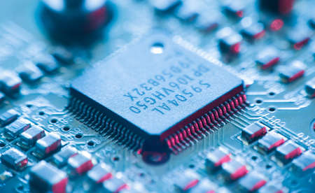 Computer Microchips and Processors on Electronic circuit board. computer hardware technology....