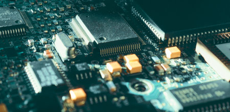Computer Microchips and Processors on Electronic circuit board. computer hardware technology. Abstract technology microelectronics concept background. Macro shot, shallow focus.の写真素材