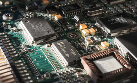 Computer Microchips and Processors on Electronic circuit board. computer hardware technology....
