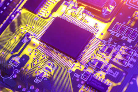 Computer Microchips and Processors on Electronic circuit board. computer hardware technology....