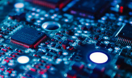 Computer Microchips and Processors on Electronic circuit board. computer hardware technology. Abstract technology microelectronics concept background. Macro shot, shallow focus.の写真素材