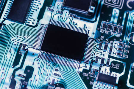 Computer Microchips and Processors on Electronic circuit board. computer hardware technology....