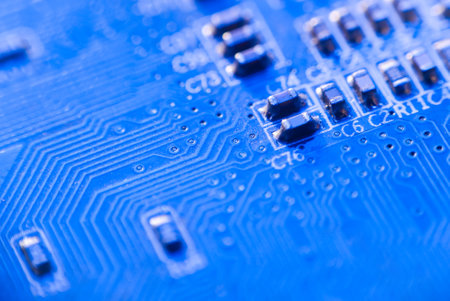 Computer Microchips and Processors on Electronic circuit board. computer hardware technology. Abstract technology microelectronics concept background. Macro shot, shallow focus.の写真素材