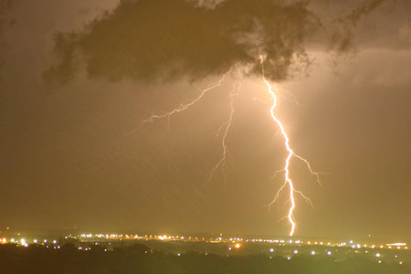 Lightning bolts over the cityの写真素材